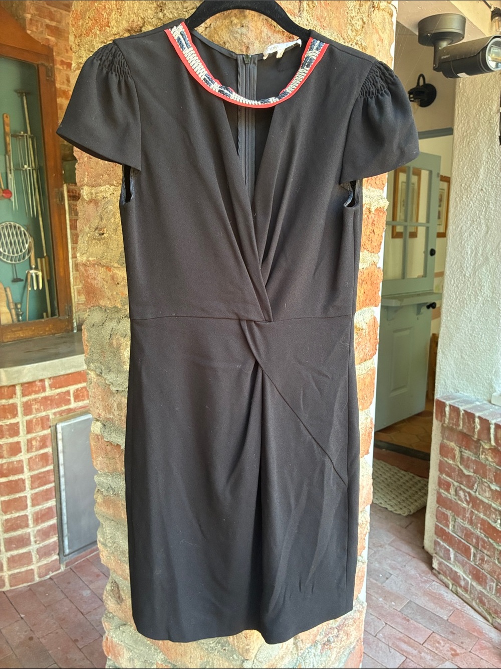 Maje Black Sheath Dress with Red & White Embellished Collar